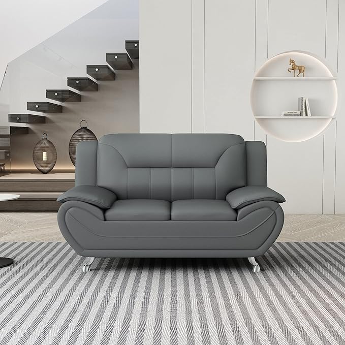 Container Furniture Direct Michael Modern Faux Leather Upholstered Stainless Steel Legs Living Room Sofa, Loveseat, Sleek Gray