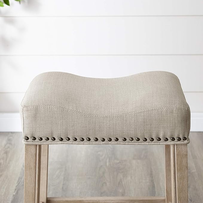 Roundhill Furniture Coco Upholstered Backless Saddle Seat Bar Stools 29" Height, Set of 2, Tan