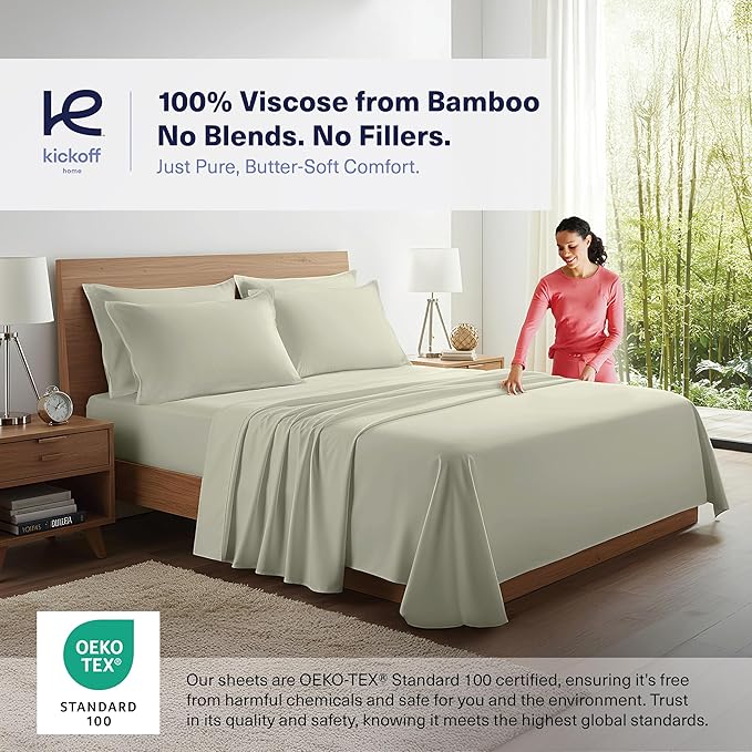 Kickoff Viscose Bamboo Sheets Full Size 4-pc 100% Organic Bamboo Viscose Bed Cooling Sheets Full Size Set Cool Bedding for hot Sleepers Sheet, Flat, Fitted, Pillowcases (Soft Sage, F)