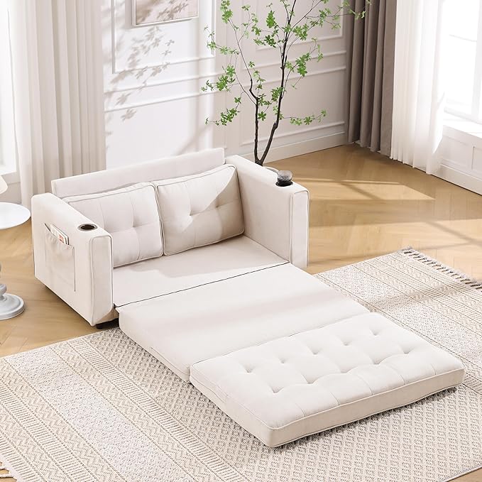 ERYE Modern Upholstered Loveseat Sofa Foldable Convertible Floor Sofabed W/Cupholders and Pockets, 3 Fold Tufted Futon Lounge Sofa with Pull Out Sleeper Couch Bed for Living Room Bedroom Studio