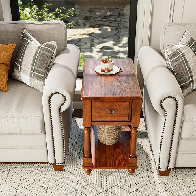 LEEMTORIG Set of 2 Solid Wood End Table Narrow Side Table with Drawer, Cherry Wood End Table Living Room, 13" W Slim Bedside Table, 22" D x 22.3" H, No-Tools Assembly, Beeswax Brown BBJ-004-DR