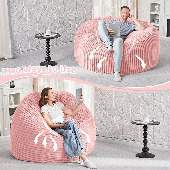 HABUTWAY 4FT Bean Bag Chair, 4' Large Bean Bag Chairs for Adults with Removable Stripe Plush Cover, Memory Foam Beanbag Chair for Living Room Bedroom Dorm (Tender Pink)