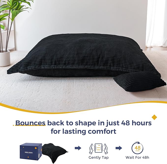 MAXYOYO Giant Bean Bag Chair with Pillow, 3 in 1 Convertible Bean Bag Chair for Adults with Washable Cover, Removable Floor Cushion Stuffed Floor Lounger for Living Room Bedroom, Black, Queen