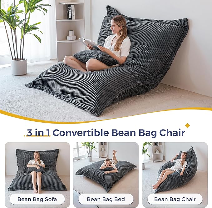 MAXYOYO Giant Bean Bag Chair with Pillow, 3 in 1 Convertible Bean Bag Chair for Adults with Washable Cover, Removable Floor Cushion Stuffed Floor Lounger for Living Room Bedroom, Dark Grey, Queen