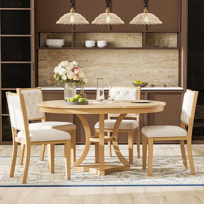 Merax 5-Piece Extendable Round Dining Table Set 42"-58" Retro Functional Table and 4 Upholstered Chairs for Dining Room and Living Room (Natural)