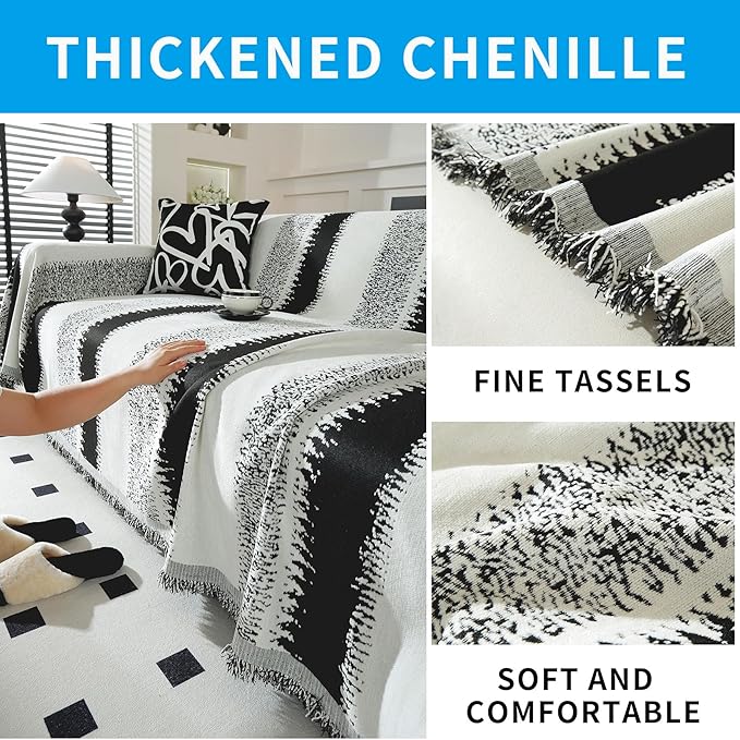 LUFEIJIASHI Boho Couch Covers for Sofa Non Slip Sofa Covers Washable Couch Covers for 3 Cushion Couch Sofa Pet Friendly Sectional Couch Cover Blanket Furniture Protector for Dogs (Black, 91"x150")
