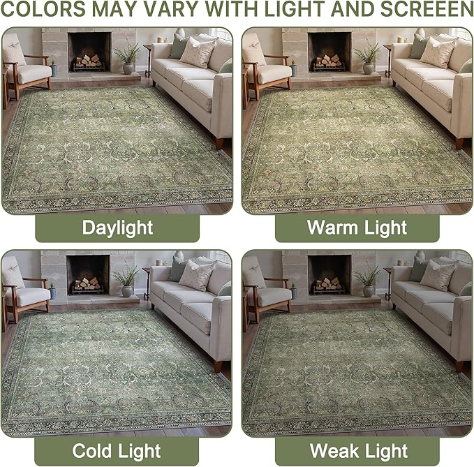 10X12 Area Rugs Machine Washable Rugs for Living Room, Vintage Boho Large Rugs for Bedroom Dining Room, Non Slip Indoor Soft Distressed Lightweight Thin Low Pile Carpet, Green