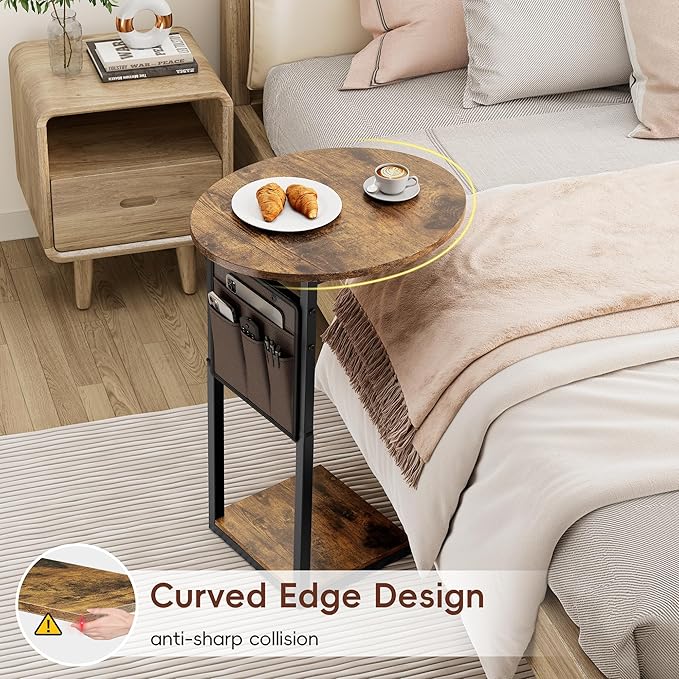 Vagusicc C Shaped End Table with Charging Station, Small Side Table for Couch, TV Tray Table Slide Under Sofa Table for Living Room Bedroom, Round Couch Side Table C Table for Sofa, Rustic Brown