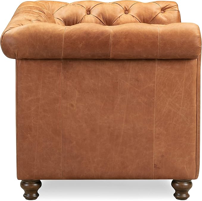 POLY & BARK Lyon Leather Lounge Chair – Cognac Tan Full-Grain Leather Upholstery – Modern Upholstered Accent Chair for Living Room or Bedroom – Indoor Lounge Seating with Lasting Comfort