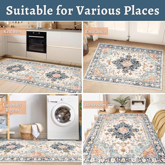 Tangsoo 8x10 Area Rug for Living Room, Washable Vintage Indoor Non Slip Large Area Rugs, Print Distressed Blue/Beige Carpet, Soft Low Pile Foldable Floor Rug for Bedroom Dining Room Dorm