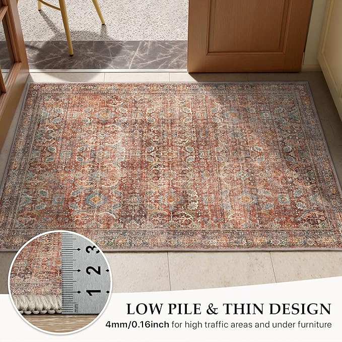 GENIMO 3x5 Area Rugs for Living Room, Machine Washable Non Slip Vintage Rugs, Low Pile Lightweight Chenille Print Rug for Bedroom, Dining Room, Home Office, Terracotta Indigo