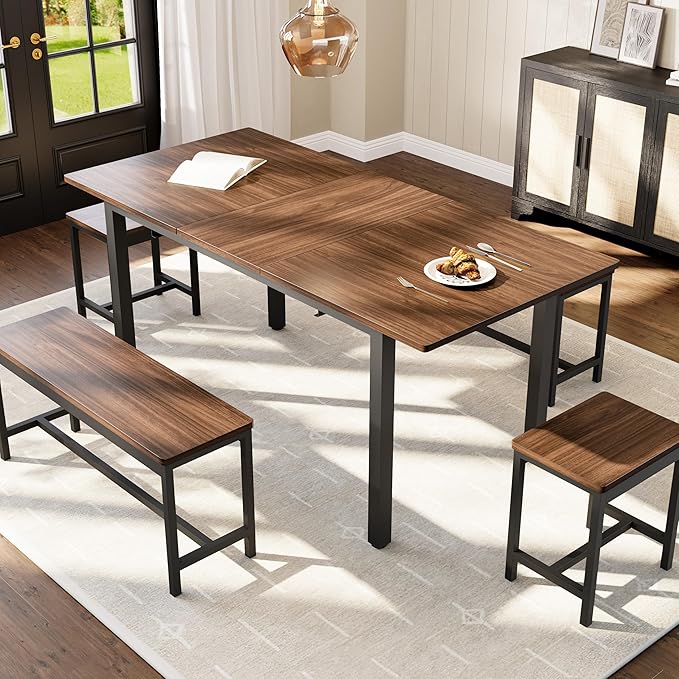 Garvee 5 PCs Extendable Dining Table Set for 4-8 People, 63 Inch Kitchen Table with 2 Benches & 2 Stools, Modern Dining Room Furniture Sets, Easy Assembly