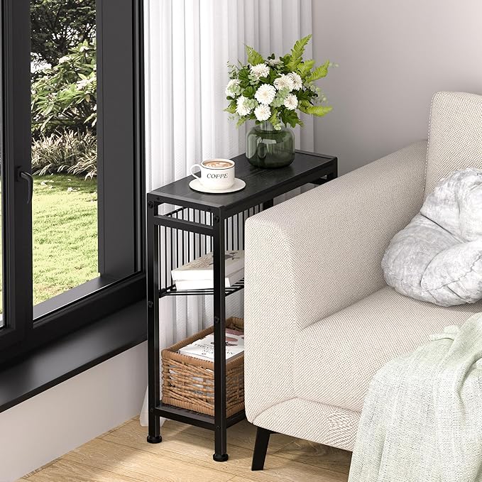 End Table Set of 2 for Small Space, 3-Tier Narrow Side Table with Magazine Holder,Slim Nightstand, Skinny Snack Couch Table in Living Room, Bedroom Study and Balcony (Black)
