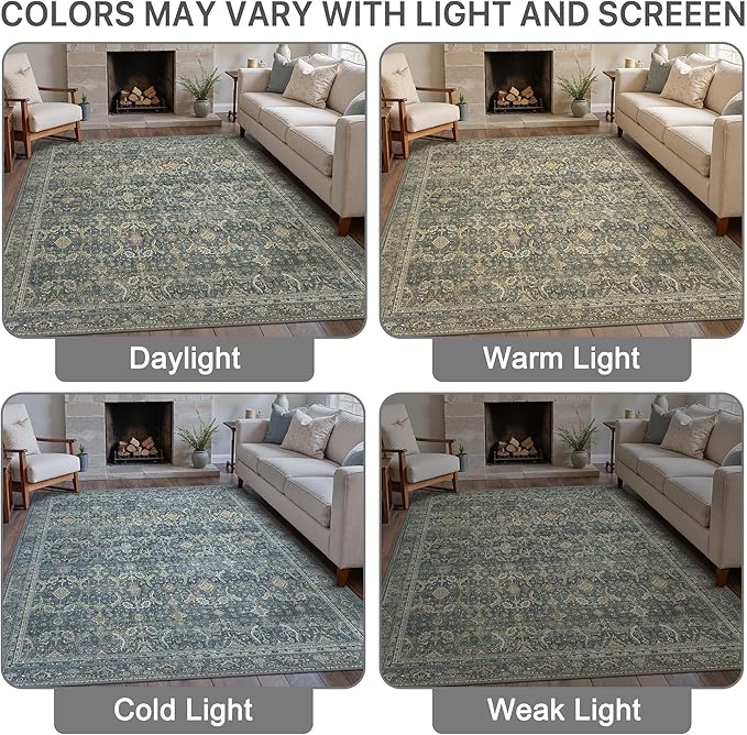 9X12 Area Rugs Machine Washable Rugs for Living Room, Vintage Boho Large Rugs for Bedroom Dining Room, Non Slip Indoor Soft Distressed Lightweight Thin Low Pile Carpet, Deep