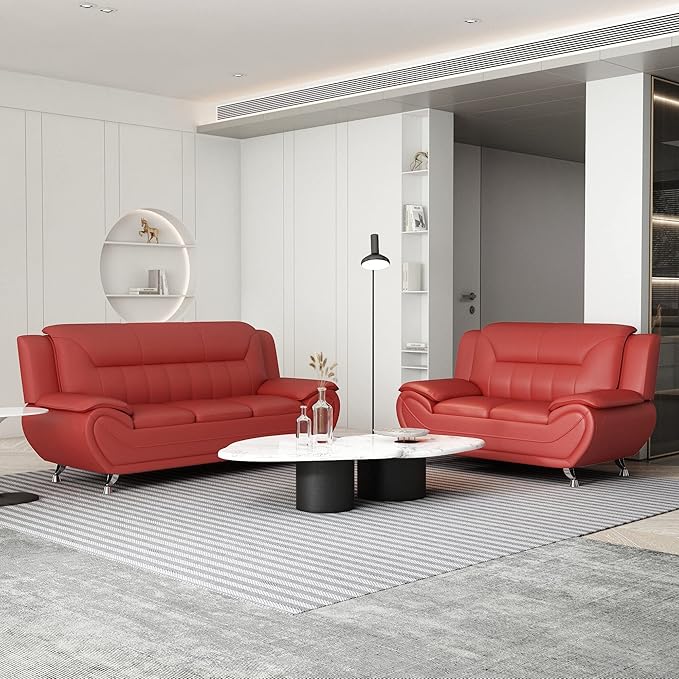 Container Furniture Direct Michael Modern Faux Leather Upholstered Stainless Steel Legs Living Room Sofa, Loveseat, Persian Red