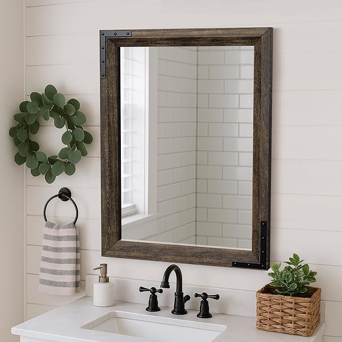 YOSHOOT Farmhouse Bathroom Mirror, Rustic Wooden Framed Mirror, Wood Vanity Mirror, Solid Wood & Handmade, Vertical or Horizontal Hanging for Bathroom Entryway Living Room Bedroom, 48" x 30", Brown