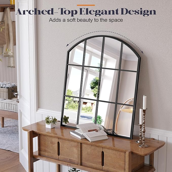 Wide Window Pane Mirror, 28" x 32" Black Arched Mirror for Wall, Large Grid Wall Mirrors for Living Room Bedroom Farmhouse Fireplace Hallway Entryway