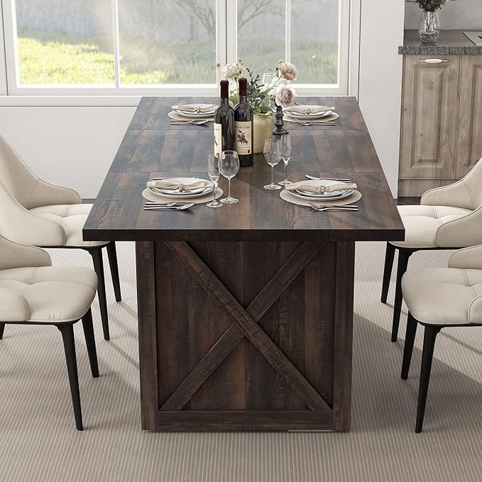 DWVO Farmhouse Large Dining Table for 6-8 People, 70.8 Inch Rectangular Wood Dining Table, Rustic Kitchen Dinner Table with X Solid Legs for Dining Room Grey