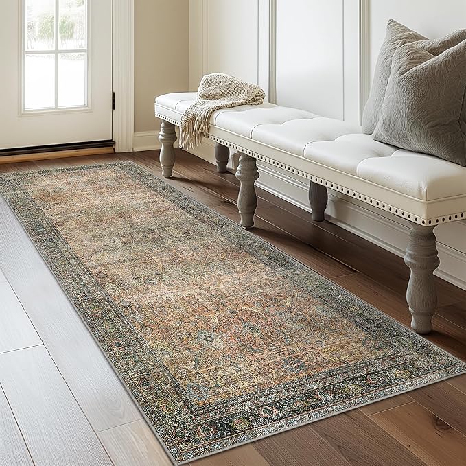 2X5 Area Rugs Machine Washable Rugs for Living Room, Vintage Boho Large Rugs for Bedroom Dining Room, Non Slip Indoor Soft Distressed Lightweight Thin Low Pile Carpet, Vintage Sunset