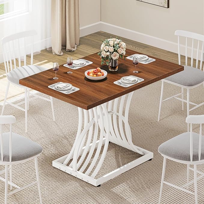 DWVO Modern Dining Table for 4 People 47 Inch Rectangular Kitchen Table with Walnut Tabletop and White Geometric Legs Small Dinner Table Kitchen & Dining Room Furniture Brown