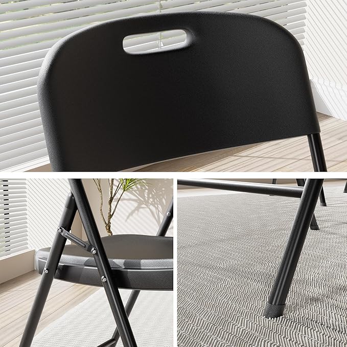 VECELO 4 Pack Folding Chairs, Indoor/Outdoor Use Plastic Seat with Steel Frame, for Events, Office, Wedding, Party, Stackable & Portable, Black