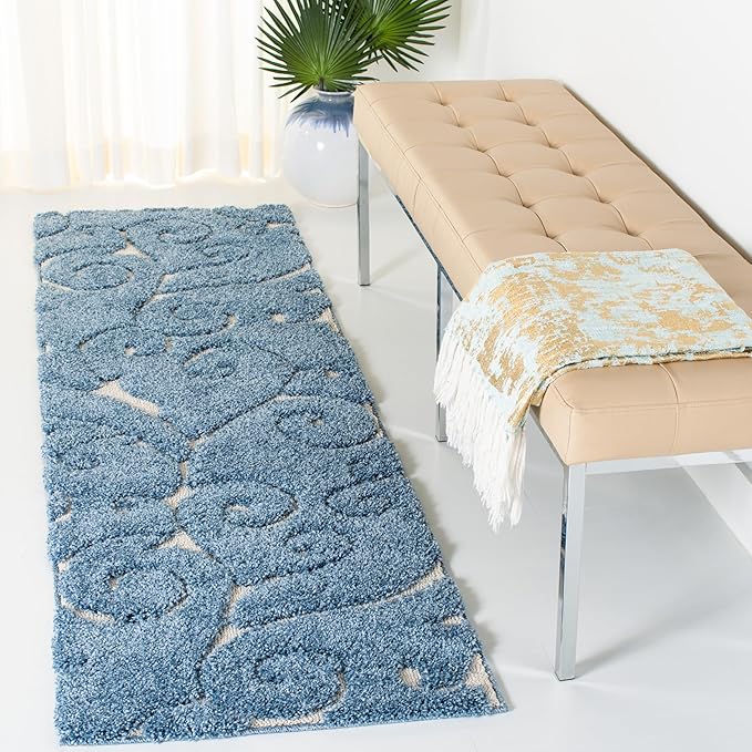 SAFAVIEH Florida Shag Collection Runner Rug - 2'3" x 19', Light Blue & Cream, Scroll Design, Non-Shedding & Easy Care, 1.2-inch Thick Ideal for High Traffic Areas in Living Room, Bedroom (SG455-6011)