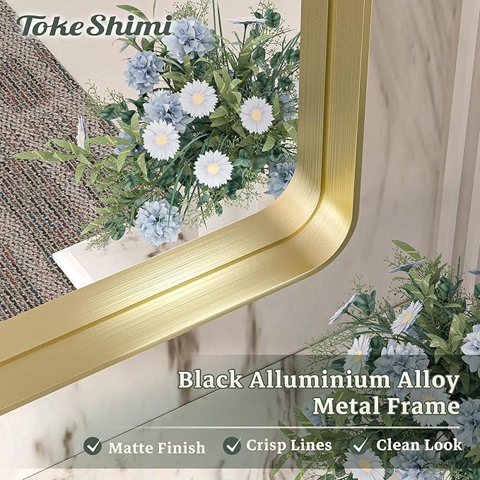 TokeShimi Gold Bathroom Mirror for Wall 30 x 36 Inch Metal Rounded Corner Rectangle Mirror Metal Frame Deep Set Design Hangs Horizontal Or Vertical