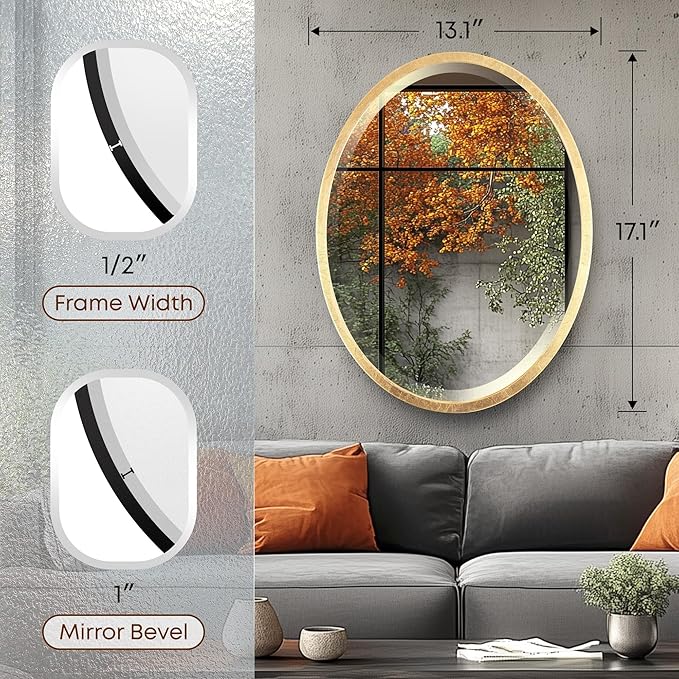 OVALCREST - Oval Wooden Beveled Wall Mirror for Home Decor, Bathroom, Vanity, Bedroom, Living Room, Hallway - London Style (Gold Leaf) 13.1 x 17.1