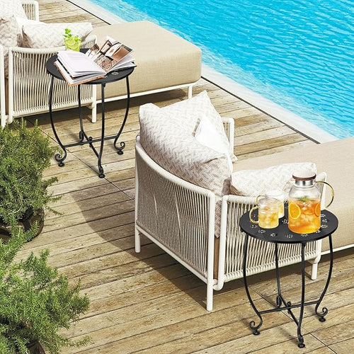 2 Pack Outdoor Side Tables for Patio, Weather Resistant Steel Patio Side Table, Small Round Outdoor End Table Metal Side Table for Patio Yard Balcony Garden Black (Petal)