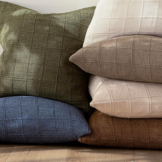 Foindtower Set of 2 Decorative Linen Check Throw Pillow Covers Neutral Farmhouse Vintage Cushion Covers Modern Boho Home Decor for Sofa Chair Couch Bedroom Living Room Outdoor,20×20 Inch,Tan Taupe