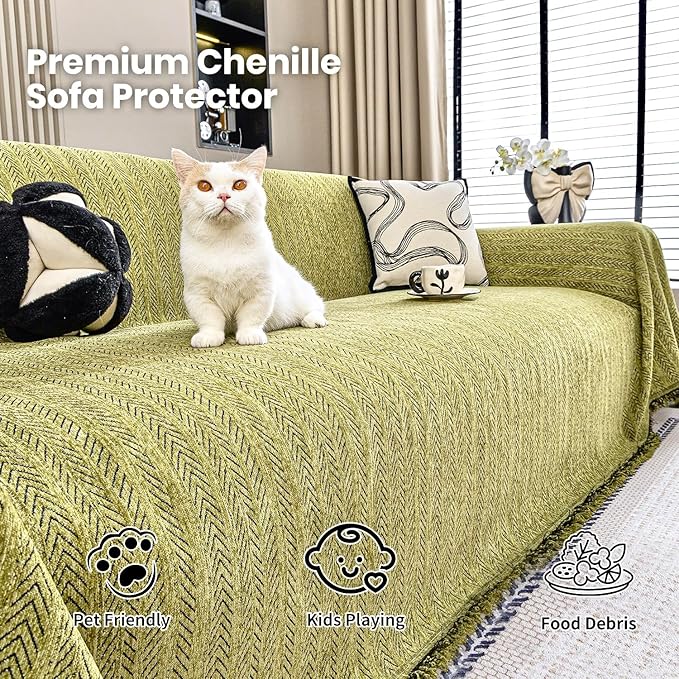 Nobildonna Sofa Chair Cover Waterproof Soft Thicken Chenille Cushion Couch Cover with Tassels,Washable Sofa Slipcovers for Armchair Recliner Sectional Furniture Protector, Green 71"x71"
