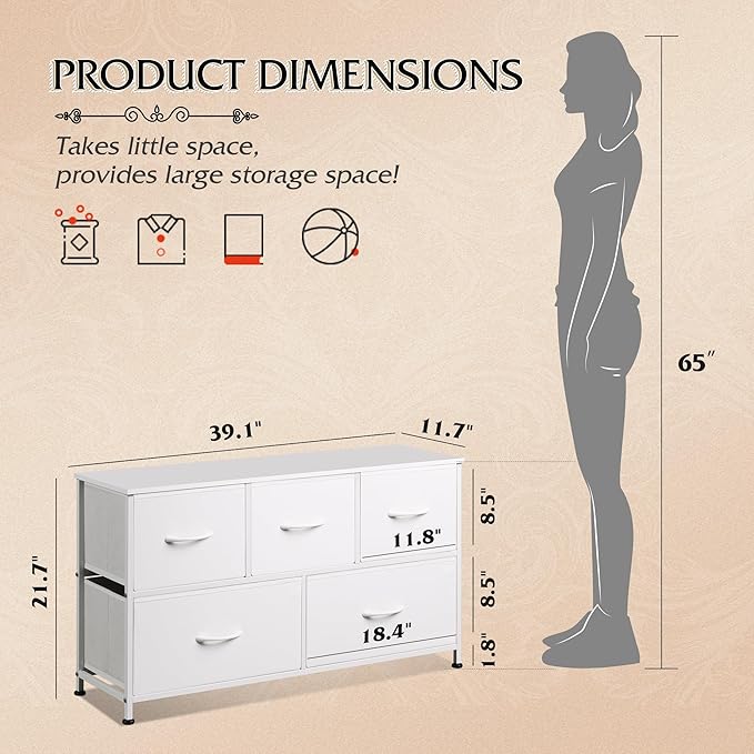 WLIVE Dresser for Bedroom with 5 Drawers, Wide Chest of Drawers, Fabric Dresser, Storage Organization Unit with Fabric Bins for Closet, Living Room, Hallway, White