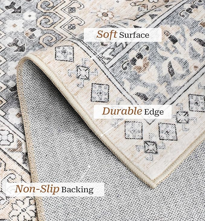 zesthome 3x5 Rug Ultra Soft Washable Rug, Non Slip Area Rug Indoor Entrance, Stain Resistant Rugs for Living Room Bedroom, Vintage Home Decor Area Rugs (Beige,3'x5')