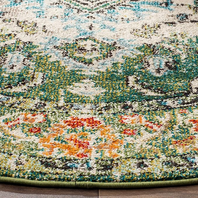 SAFAVIEH Monaco Collection Area Rug - 3' Round, Forest Green & Light Blue, Boho Medallion Distressed Design, Non-Shedding & Easy Care, Ideal for High Traffic Areas in Living Room, Bedroom (MNC243F)