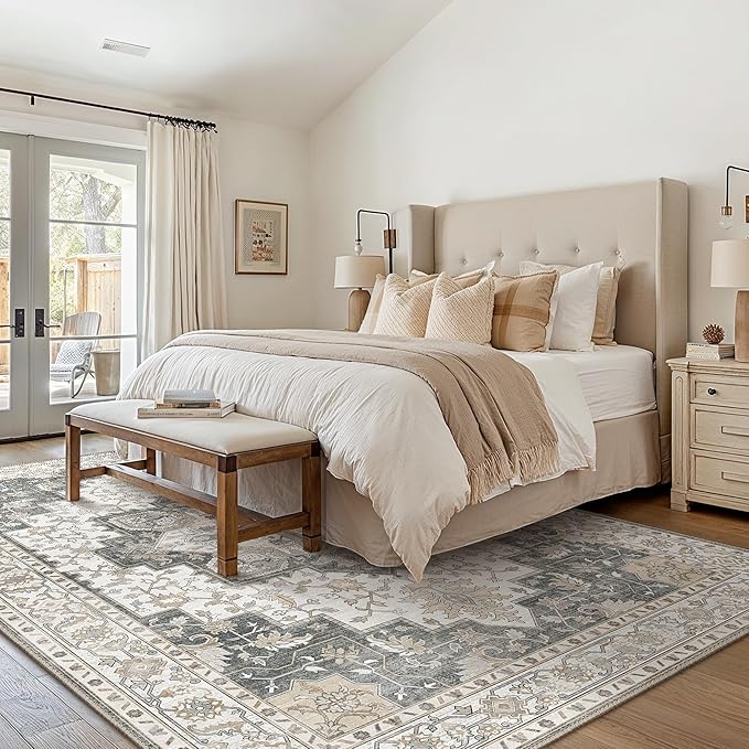 GENIMO 7'6''x9'6'' Area Rugs for Living Room, Machine Washable Non Slip Vintage Rugs, Low Pile Lightweight Chenille Print Rug for Bedroom, Dining Room, Home Office, Heathered Grey