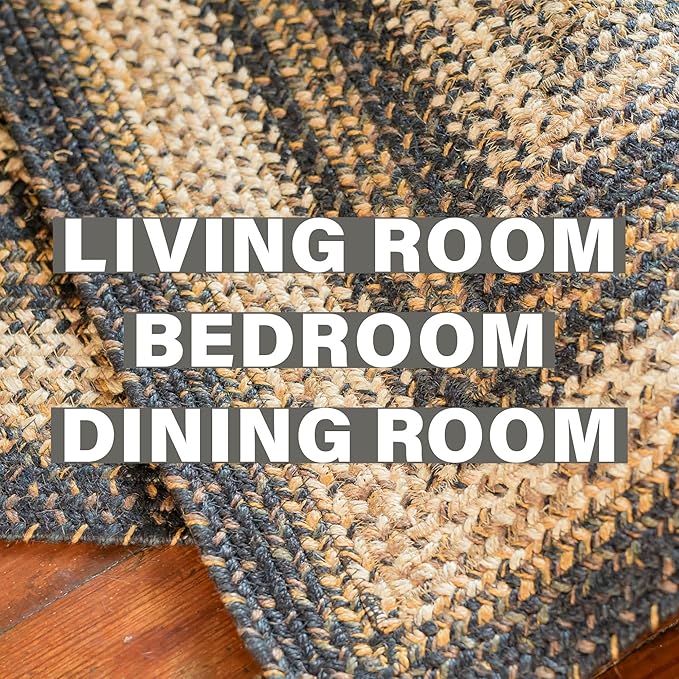 Homespice Kilimanjaro Premium Jute Braided Area Rug, 8' x 10' Rectangular Black, Reversible, Natural Jute Yarn Rustic, Country, Primitive, Farmhouse Style - 30 Day Risk Free Purchase