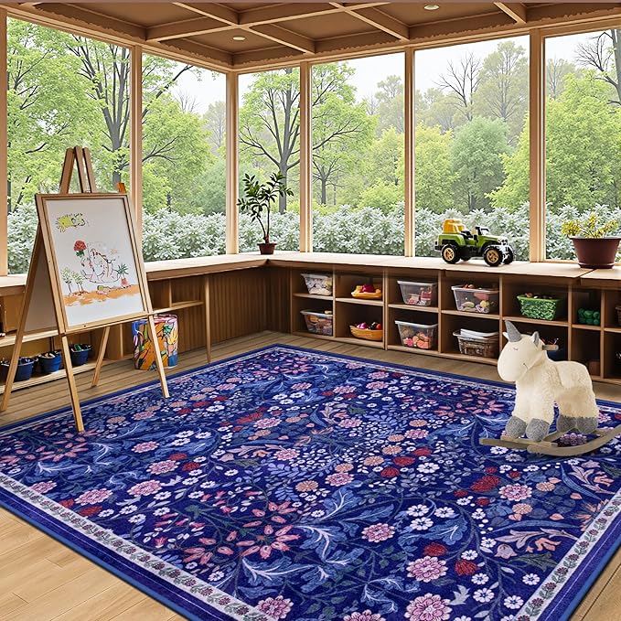 Area Rug Living Room Rugs: Floral 5x7 Washable Rug Vintage Soft Boho Non-Slip Carpet Indoor Floor Stain Resistant Large Carpets for Bedroom Dining Room Farmhouse Nursery Hallway Home Office Blue