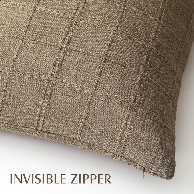 Foindtower Set of 2 Decorative Linen Check Throw Pillow Covers Neutral Farmhouse Vintage Cushion Covers Modern Boho Home Decor for Sofa Chair Couch Bedroom Living Room Outdoor,22×22 Inch,Light Brown