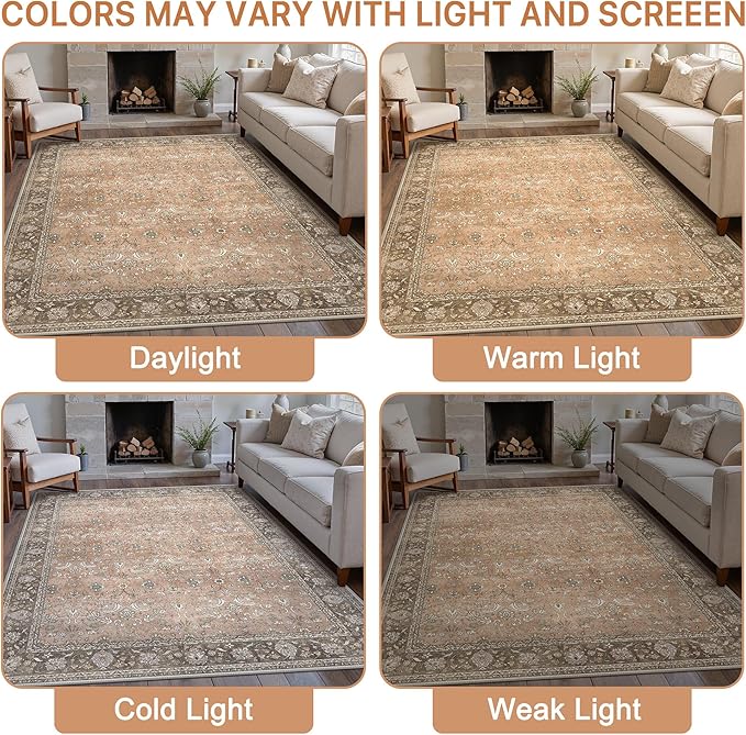 10X14 Area Rugs Machine Washable Rugs for Living Room, Vintage Boho Large Rugs for Bedroom Dining Room, Non Slip Indoor Soft Distressed Lightweight Thin Low Pile Carpet, Chestnut