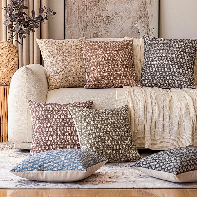 Foindtower Set of 2 Decorative Vintage Floral Print Throw Pillow Covers Neutral Modern Farmhouse Cushion Covers Boho Home Decor for Sofa Couch Chair Bedroom Living Room Outdoor,22×22 Inch,Rustic Gray