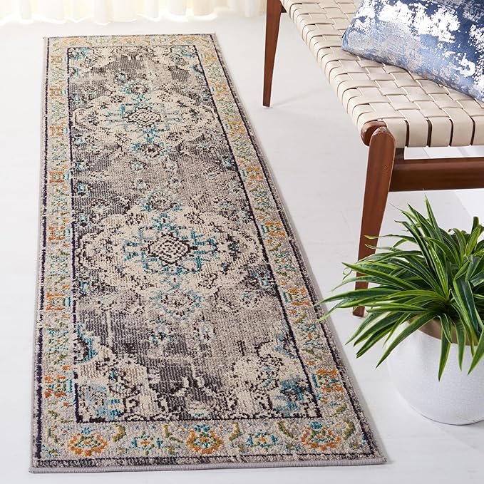 SAFAVIEH Monaco Collection Runner Rug - 2'2" x 12', Grey & Light Blue, Boho Chic Medallion Distressed Design, Non-Shedding & Easy Care, Ideal for High Traffic Areas in Living Room, Bedroom (MNC243G)