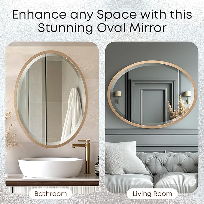 OVALCREST - Oval Wooden Beveled Wall Mirror for Home Decor, Bathroom, Vanity, Bedroom, Living Room, Hallway - London Style (Gold Spray) 13.1 x 17.1