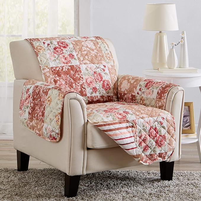 Great Bay Home Reversible Floral Patchwork Furniture Protector Scalloped Edge Stain Resistant Printed Furniture Protector Maribel Collection (Chair, Burgundy/Taupe)