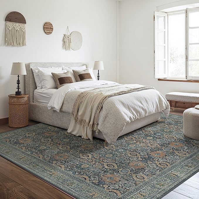 8X10 Area Rugs Machine Washable Rugs for Living Room, Vintage Boho Large Rugs for Bedroom Dining Room, Non Slip Indoor Soft Distressed Lightweight Thin Low Pile Carpet, Beige Blue Grey