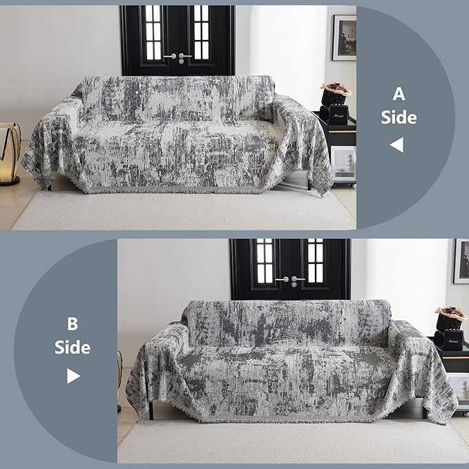 MYSKY HOME Boho Couch Cover for Dogs Washable Deep Grey Abstract Couch Sofa Protector for Loveseat Sofa Pets Friendly Chenille Geometric Sofa Covers Soft Durable Farmhouse Sofa Slipcovers, 91" X118"