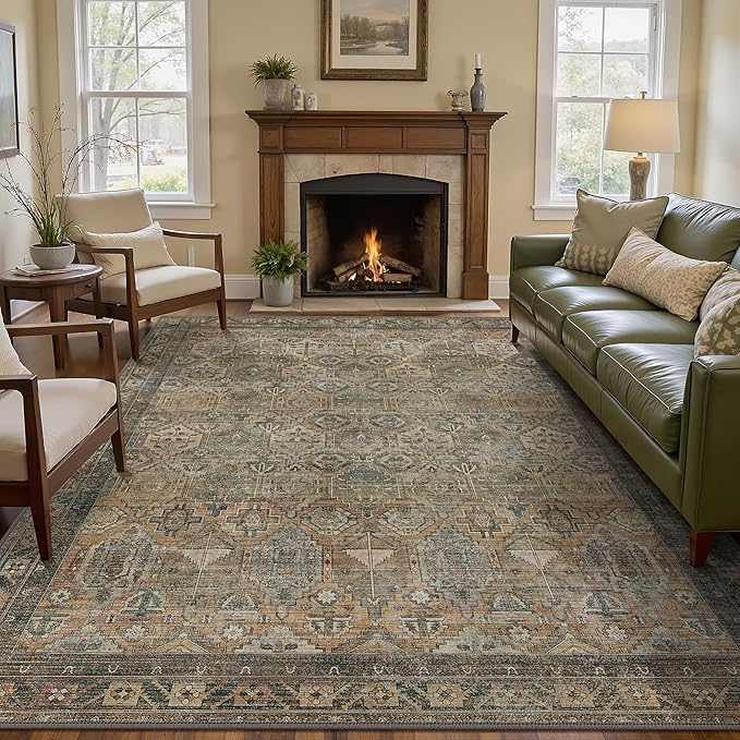 GENIMO 8x10 Area Rugs for Living Room, Machine Washable Non Slip Vintage Rugs, Low Pile Lightweight Chenille Print Rug for Bedroom, Dining Room, Home Office, Warm Taupe