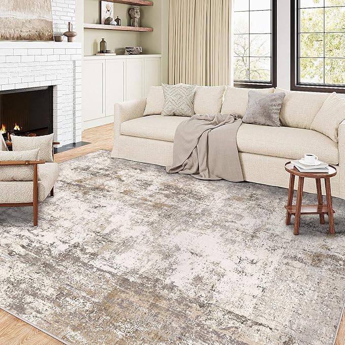 6x9 Washable Area Rug Brown Grey Neutral Abstract Living Room Bedroom Large Throw Rug Non Slip Soft Low Pile Indoor Floor Carpet for Dining Room Kitchen Office Entryway