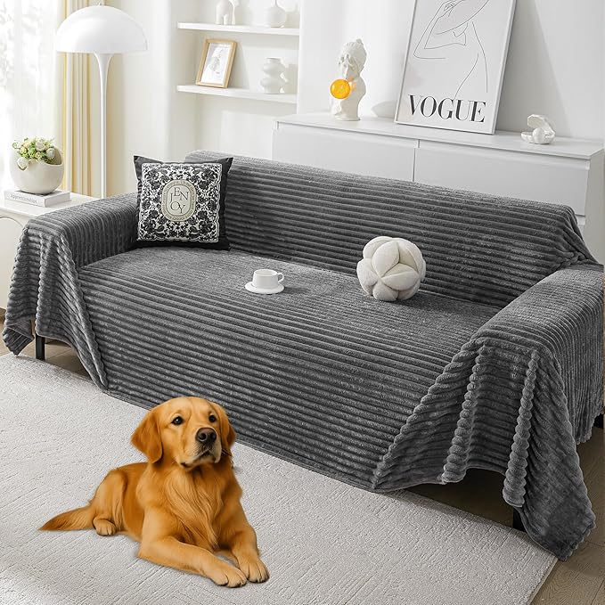 HAOMAIJIA Faux Fur Sofa Covers Couch Covers for 3 Cushion Couch Sofa Pet Friendly Soft Non Slip Couch Cover for Dogs Washable Sectional Couch Covers L Shape Furniture Protector (Grey, 71"x150")