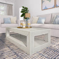 Plank+Beam 40" Modern Rectangular Coffee Table with Shelf, Solid Wood Center Table with Storage, 2 Tier Tea Table for Living Room, White Sand Wirebrush