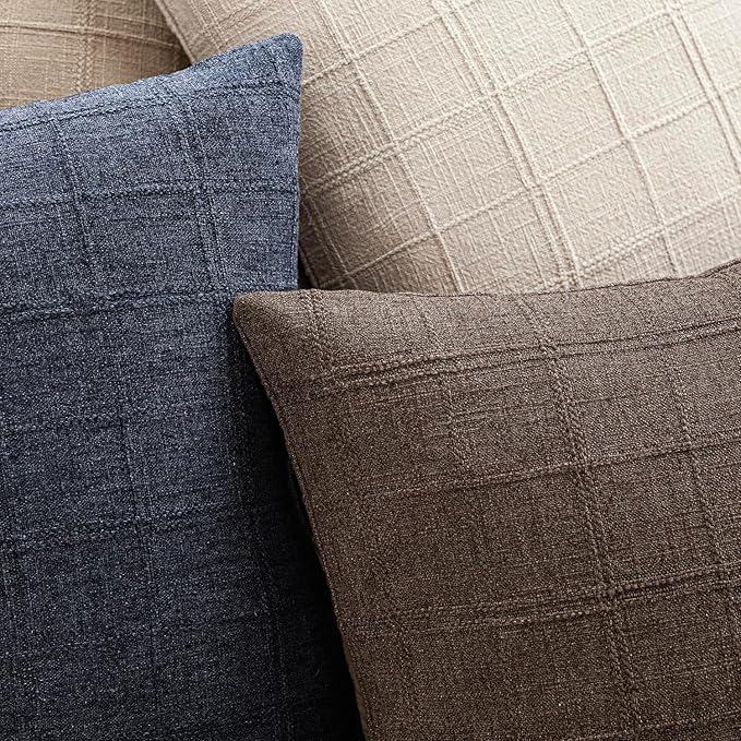 Foindtower Set of 2 Decorative Linen Check Throw Pillow Covers Neutral Farmhouse Vintage Cushion Covers Modern Boho Home Decor for Sofa Chair Couch Bedroom Living Room Outdoor,18×18 Inch,Dark Brown